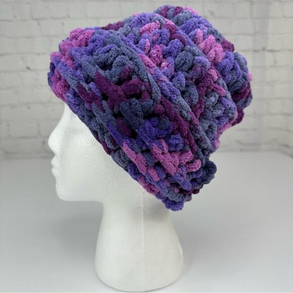 Handmade New Purple‎ and Pink Chenille Slouchy Knit Winter Beanie Med/Large - Picture 3 of 12